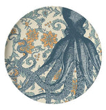 This dinner plate has a design of a dark blue octopus against a flowery oceanic background.