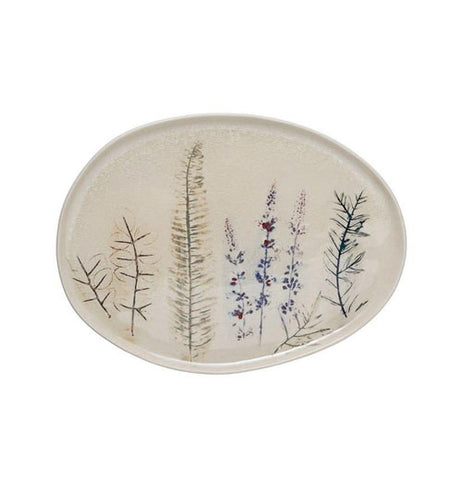Oval Ceramic Platter with Pressed Flower