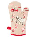 The back of the "I Hate Everyone Too" oven mitt is shown with a picture of two white horses at the fence with flowers and a red barn on a tan fabric.