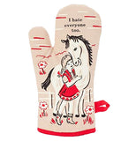 This oven mitt has a tan color with a girl in a red dress hugging a white horse with black text above that saying, "I Hate Everyone Too".