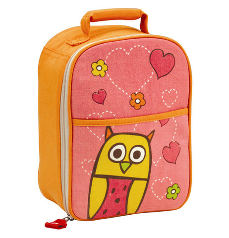 This orange and pink backpack has an owl and heart design covering its back.