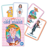 The pink box with the picture of the old lady with the bird and the tabby cat is shown with some of its cards on display. The cards each have different pictures: a fisherman, a nurse, a gardener, and a violin player.