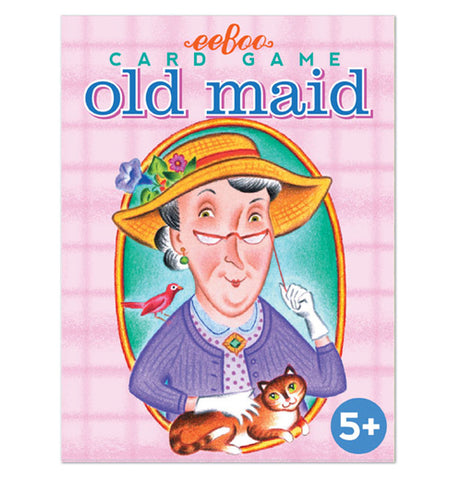 This pink playing card box features a picture of an old lady wearing a yellow hat and purple sweater. Sitting on her shoulder is a small red bird. She is stroking a brown-orange tabby cat. The logo, "eeBoo" is shown in red lettering above the picture of the lady. Below the logo are the words, "Card Game old maid" in teal and blue lettering.