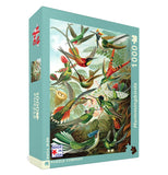 Diagonal view of "Hummingbirds" puzzle with different types of hummingbirds fluttering and sitting on fern leaves.