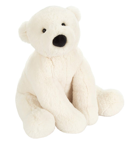 This is a pure white stuffed polar bear with a black nose and eyes sitting in an upright position.