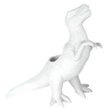 A White porcelain plantasaurus rex planter. It is shaped like a roaring tyrannosaurus rex.