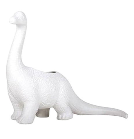 A White porcelain Aplantasaurus rex planter. It is shaped like an Apatosaurus dinosaur.