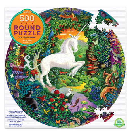 The box of the "Unicorn Garden" Puzzle Box, which contains 500 multicolored puzzle pieces, shows a white unicorn in a center of a colorful garden. 