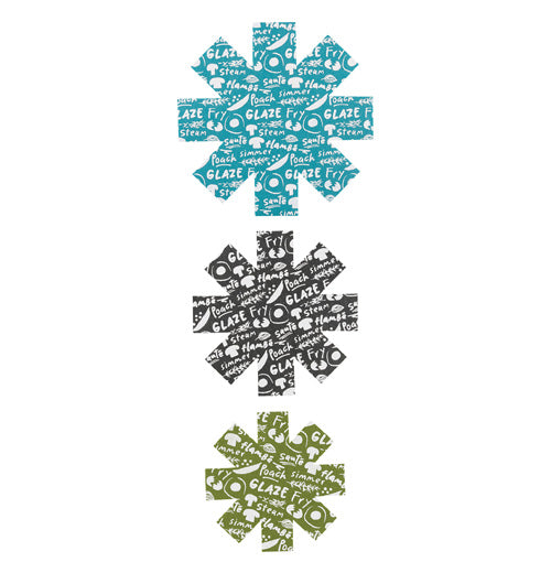 Three snow flakes shaped pan protectors in blue, black, and green, with text on them. 