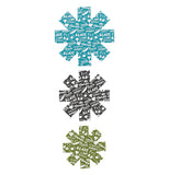 Three snow flakes shaped pan protectors in blue, black, and green, with text on them. 