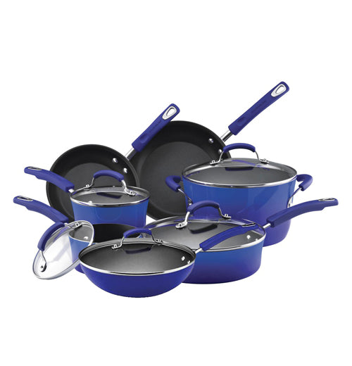 The Covered "Soup, Sauce, &amp; Saute" pans, skillets, and pots are colored in dark blue with transparent lids. 