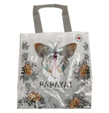 The bag features a decorative butterfly in the center with orange flowers on the sides and the bottom on a white background. Underneath the butterfly is the text "Papaya" along with the web address "www.papya.com