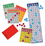 Bingo Cards and marker tokens along with the master sheet and a red bag.