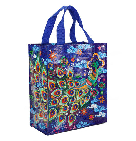 Blue handy tote bag with handles and bright colorful peacock design.