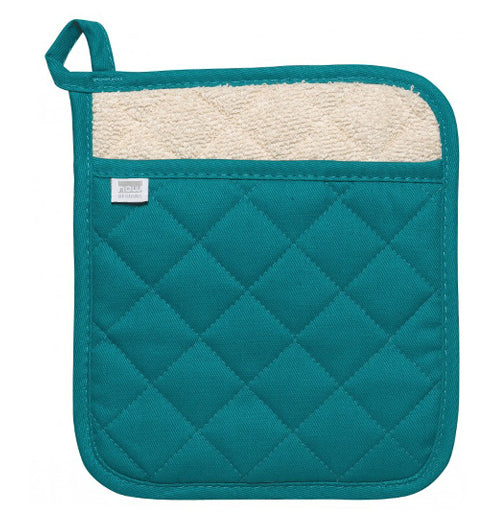a peacock colored potholder that is stitched with a checkered pattern