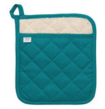a peacock colored potholder that is stitched with a checkered pattern
