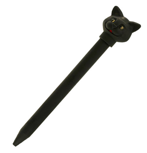 Black pen with a black cat head at one end with Led lights for eyes.