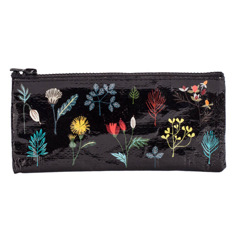 This black pencil case with blue, red, white, and yellow flowers.