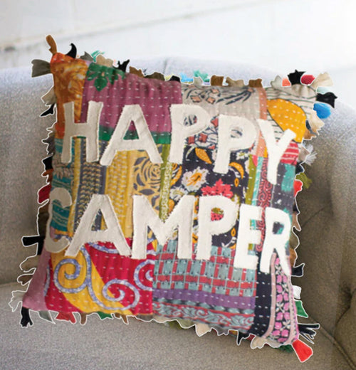 Pillow, Kantha "Happy Camper"