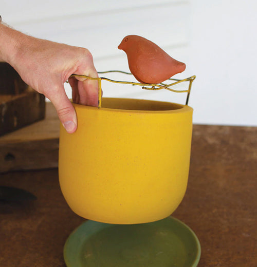 Planter, Wire &amp; Clay w/ Perched Bird Detail