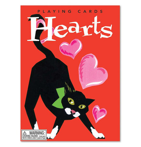 the case for the cards is solid red with a black cat stretching on it and pink hearts coming from the cat, the word "Hearts" is in big white lettering and "Playing Cards" is in small black lettering above it