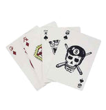 Four "Tattoo" playing cards fanned out with 8 of spades on top with black and white skull and crossbones with the number 8 on a bandana over lapping the seven of spades and Ace of diamonds and 9 of diamonds.