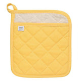 a yellow potholder with a stitched checkered pattern.