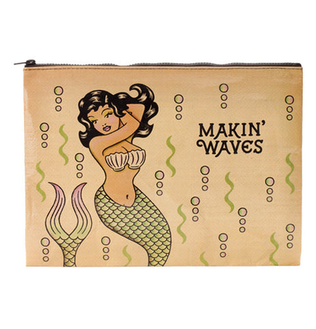 A tan pouch featuring a vintage style mermaid with the phrase "Makin' Waves" and a pattern of bubbles and seaweed.