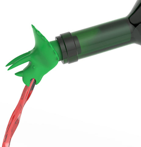 This Dinopour Triceratops is spouting out red wine from a green wine bottle. 