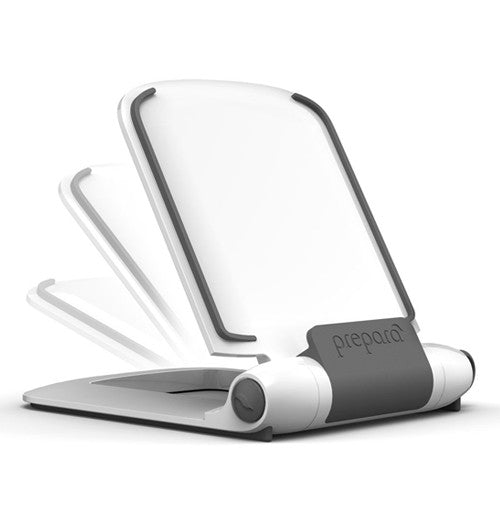 This is a plastic grey and white multi positioning tablet stand.