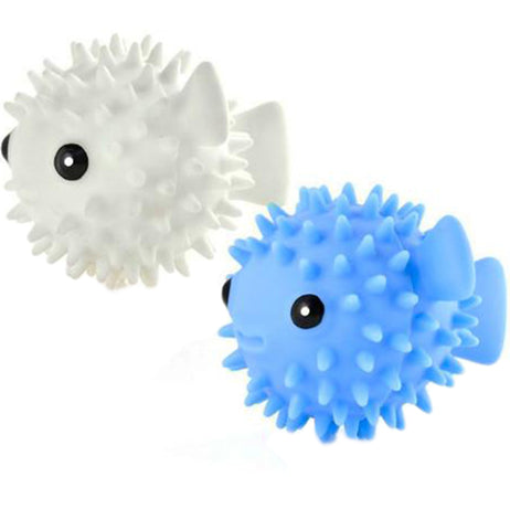 Two pufferfish-shaped dryer balls are shown; one is white, the other blue.