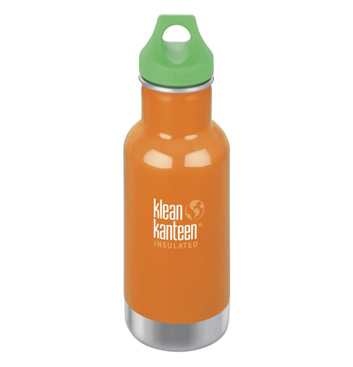 The orange steel bottle with white klean kanteen logo and a green loop cap.