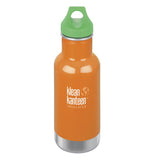 The orange steel bottle with white klean kanteen logo and a green loop cap.
