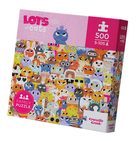 "Lots of Cats" 500 piece puzzle in its light and hot pink box that features different cats on it.