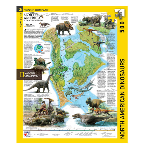 The front of the dinosaur puzzle box is shown, featuring a picture of North America during that time period, and the various different dinosaurs and other prehistoric animals.