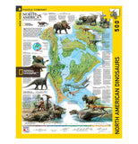 The front of the dinosaur puzzle box is shown, featuring a picture of North America during that time period, and the various different dinosaurs and other prehistoric animals.