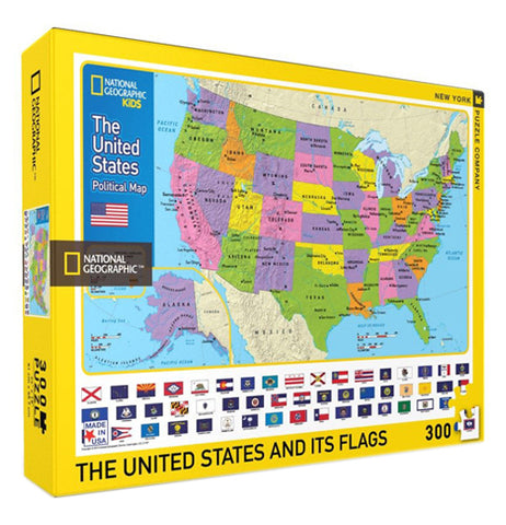 This box contains a 300 piece jigsaw puzzle that features all 50 of the states in the USA and their respective flags.