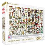 The box containing a 1000 piece jigsaw puzzle is shown with a large image of different colored mushrooms. The words, "Mushrooms" and "Champignons" are shown below the image in golden lettering.