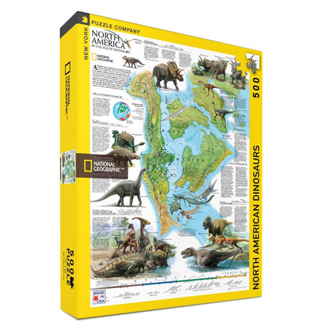 This box contains a 500 piece jigsaw puzzle that features the North American continent during the age of dinosaurs, with different dinosaurs and other prehistoric creatures adorning the map image. To the left is the National Geographic logo. To the right are the words, "North American Dinosaurs" in black lettering.