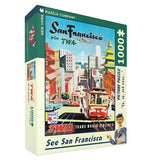 This box contains a 1000 piece jigsaw puzzle. On the front is the image of a completed puzzle, which pictures a tour guide gesturing to a busy street in San Francisco with an airplane flying over. At the top of the image are the words, "San Francisco via TWA" in black and green lettering.