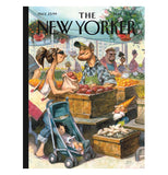 This picture is of a woman with a baby in a carriage buying apples from a street merchant. The words, "The New Yorker" are shown above the image in black lettering.