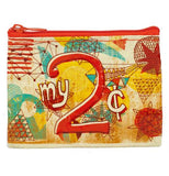 Yellow, green, red, and white coin purse with my 2 cents written in white and red with geometric designs and a zipper closure over a white background.