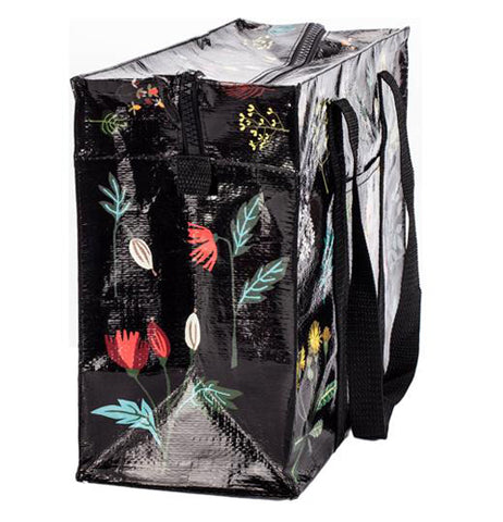 The side of the black zip-up bag is shown here with its red, white, and green leaf illustrations covering it from top to bottom.