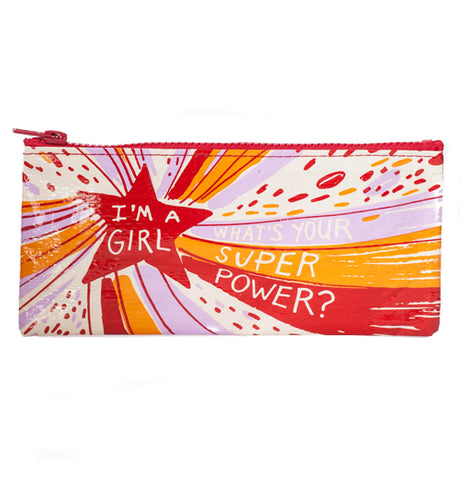 I'm a girl what's your super power pencil case with red star and pink, orange, red, and white stripes over a white background.