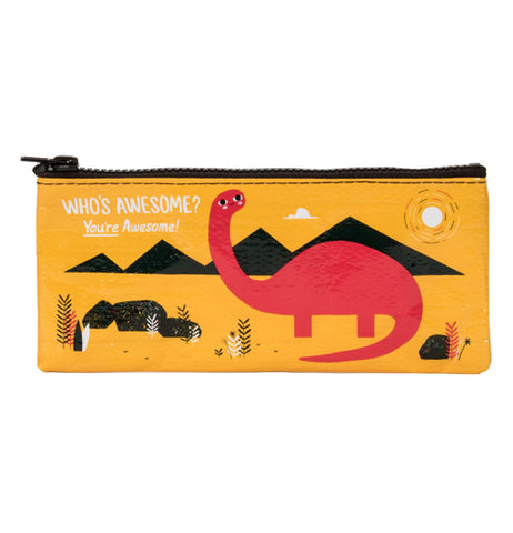 A Red dinosaur that has four legs, a long tail and a long neck on a background of black mountains and rocks on a goldenrod pencil case with the text 'Who's Awesome? You're Awesome!"