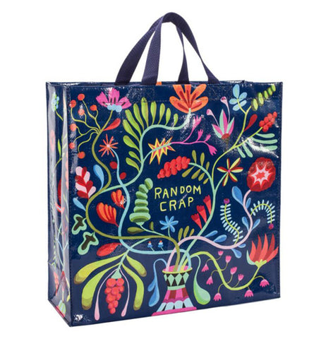 This shopping bag has a dark purple background with colorful flowers around the green small message that says "Random Crap".