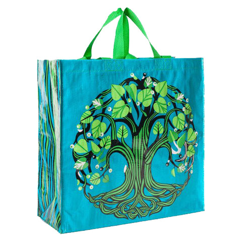 The "Tree of Life" Shopper bag shows illustration of a green tree on a blue background. 