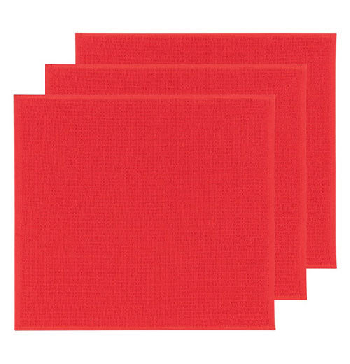 Three red bar mop tea towel with a ripple texture.