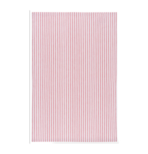 Front view of red and white striped towel for cleaning glasses.
