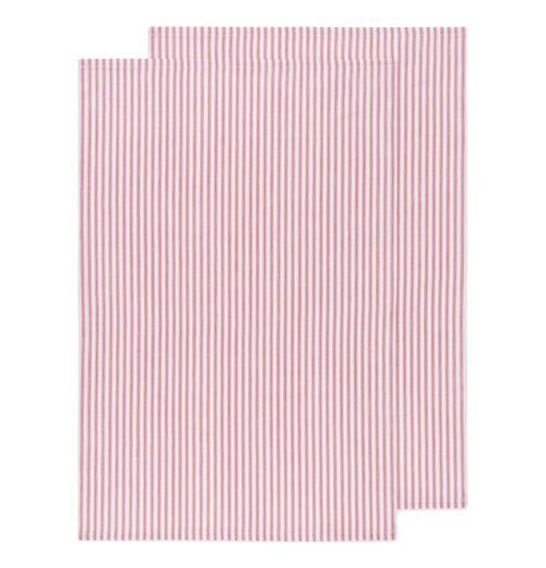Front view of two red and white striped glass towels with one overlapping the other on a white background.